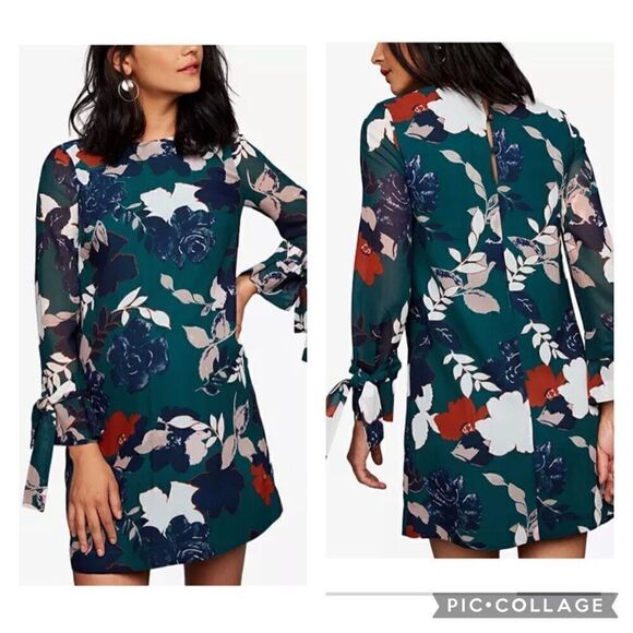 A Pea In The Pod green floral long sleeve modest chiffon maternity dress large - Picture 1 of 13